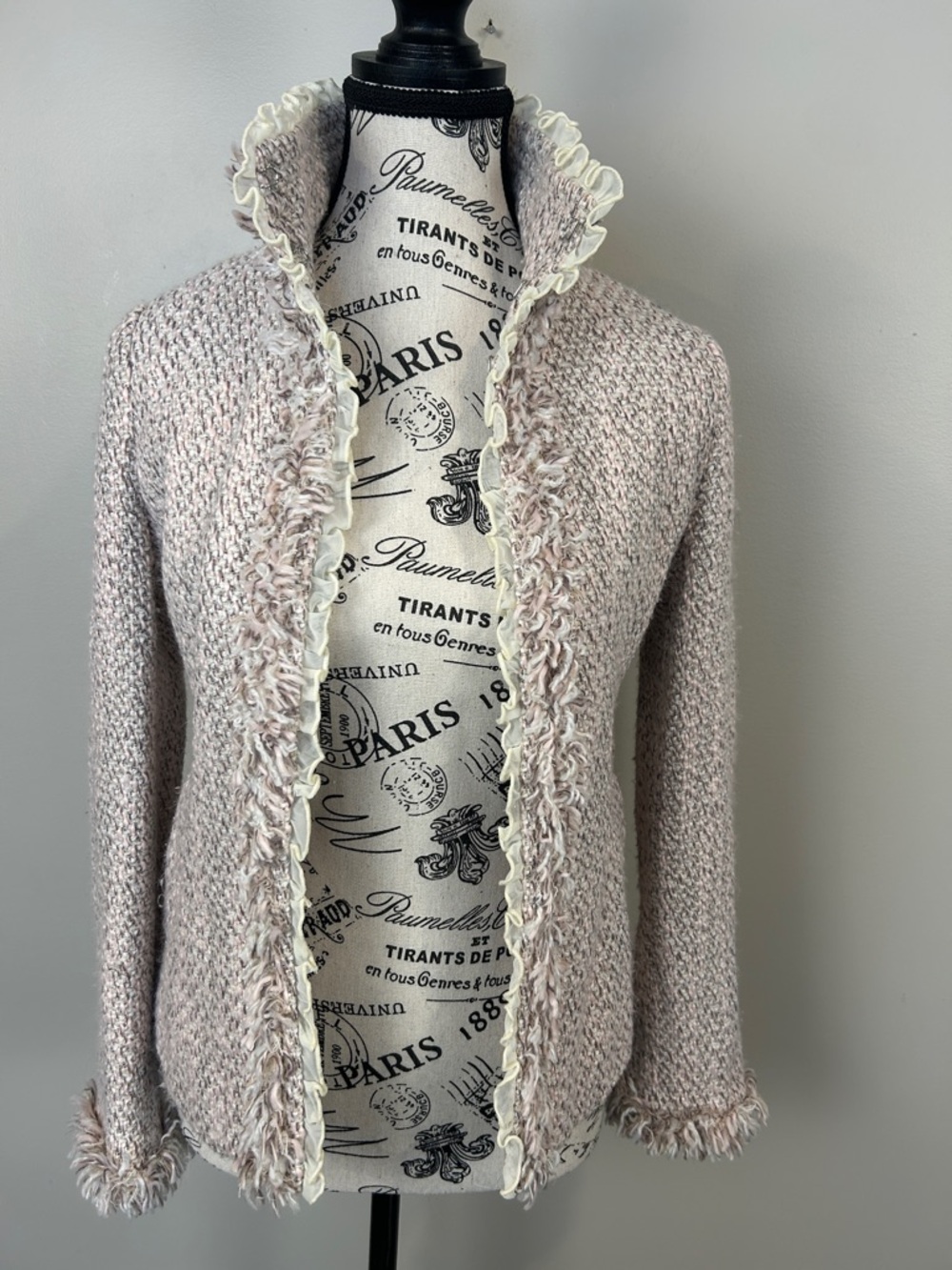 Utd Textured Tweed Jacket Blush Pink Ruffle Trim Fringe Open Front M READ‎